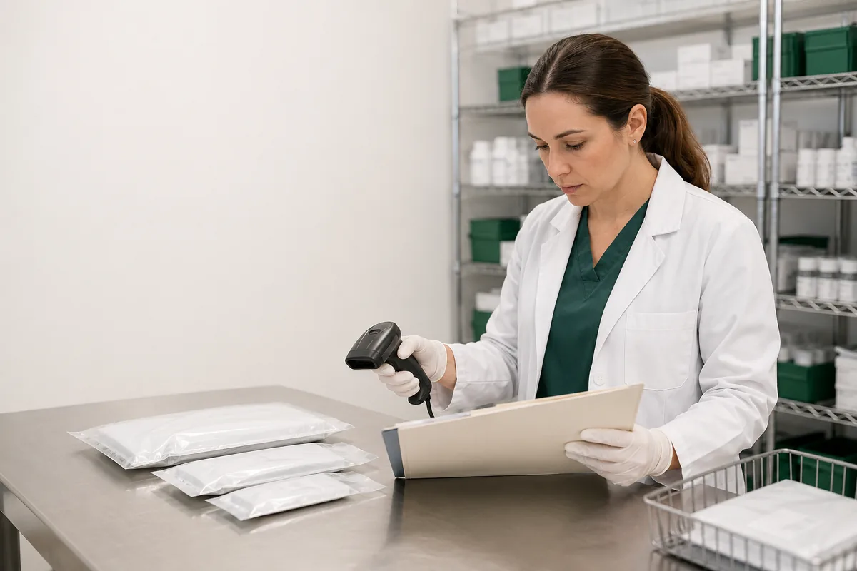 Healthcare quality professional verifying sealed packages